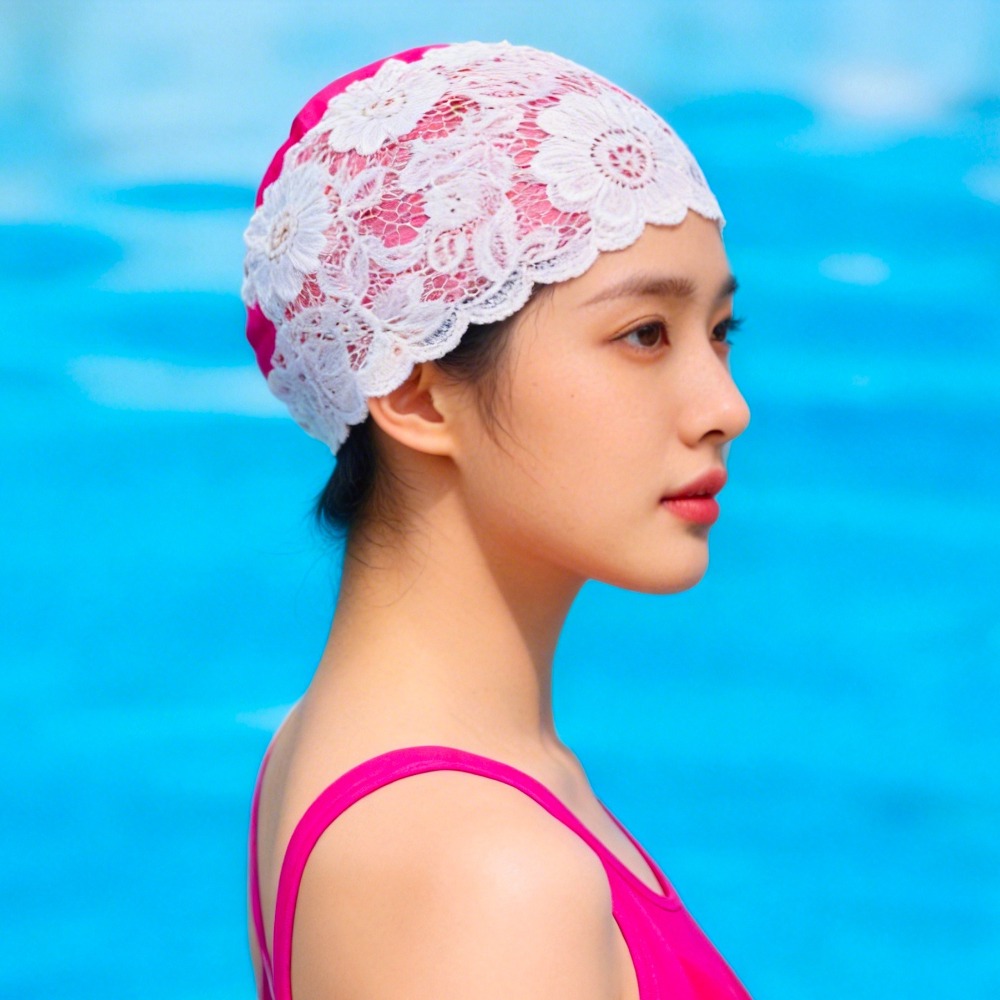 Aquatic Sports Cap - แฟชั่นป้องกันหู หมวกว่ายน้ำลูกไม้ ผมยาว กันน้ำ หมวกว่ายน้ำผู้หญิง หมวกอาบน้ำ