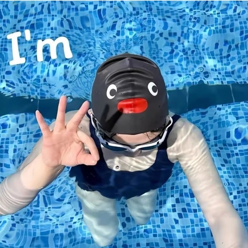 Aquatic Sports Cap - หมวกว่ายน้ำลายการ์ตูนเพนกวินน่ารัก ยืดหยุ่น กันน้ำ สวมใส่สบาย ขนาดใหญ่ ไม่ดึงผม